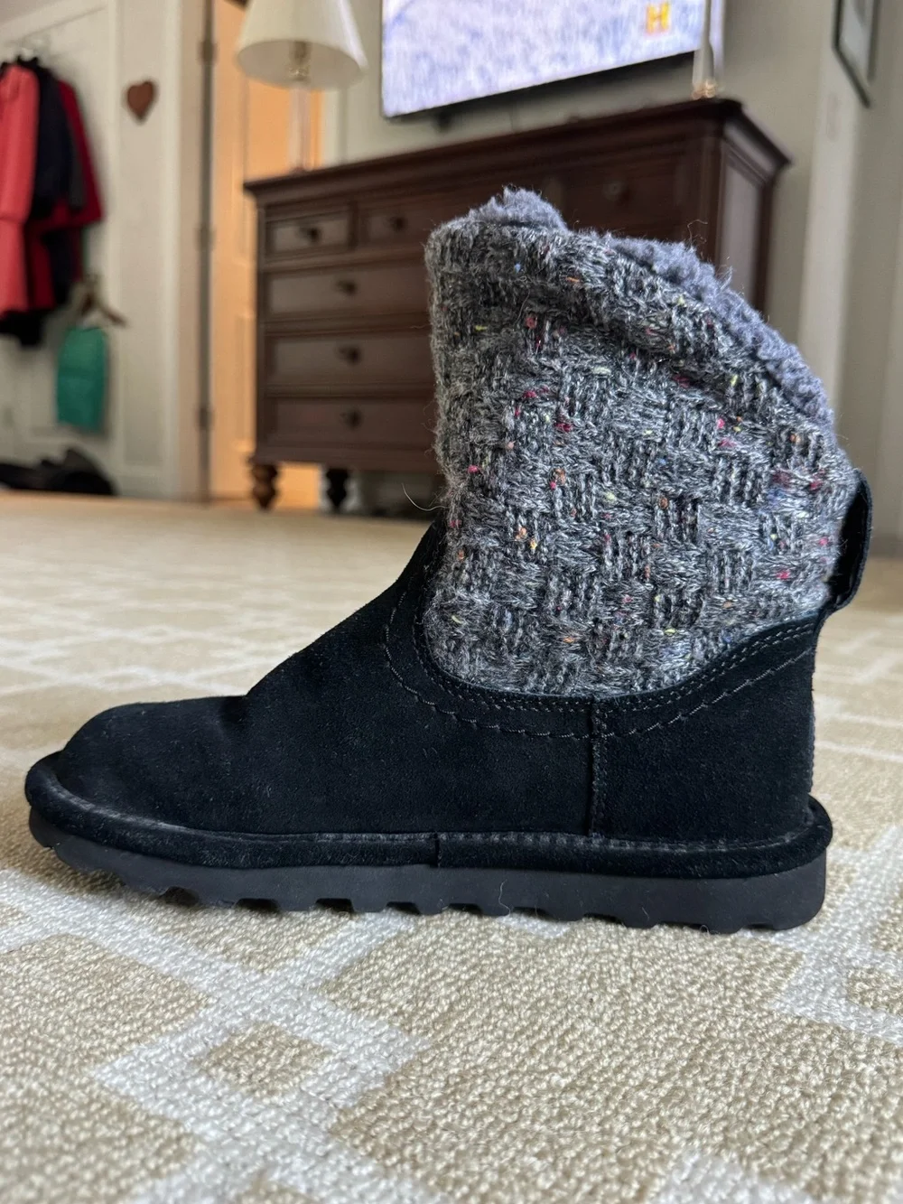 BEARPAW Virginia Suede Knit Shearling Winter Boots Black Size 6
